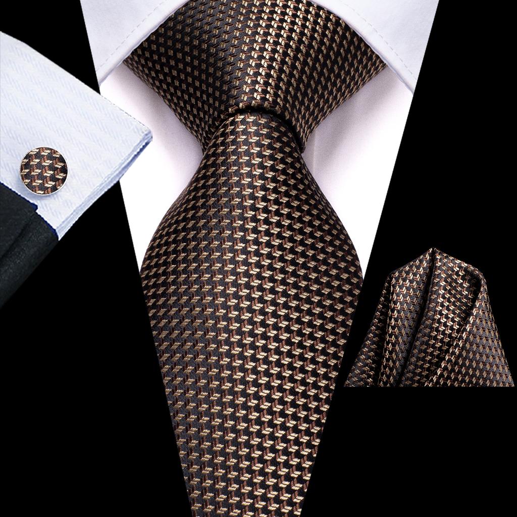 Hi-Tie Dark Gold Plaid Jacquard Mens Silk Tie Classic Necktie Cufflink Hanky Set
