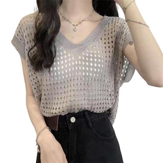 Женские топы с вырезами, V-образным вырезом, без рукавов, вязаные майки, однотонные