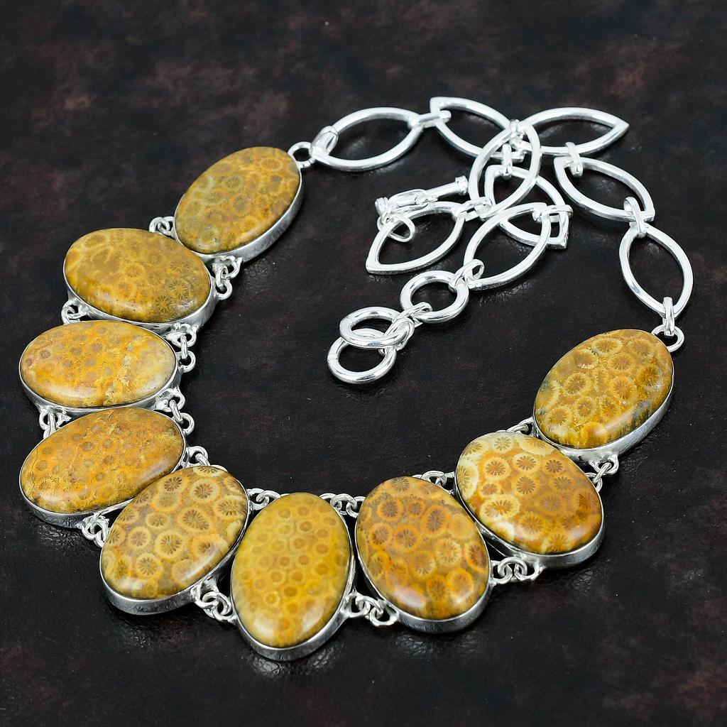 Ожерелье из ископаемого коралла, ожерелье из стерлингового серебра 925 пробы, регулируемая цепочка, ожерелье, ювелирные изделия из ископаемого коралла, драгоценных камней, ожерелье ручной работы, подарки для мамы