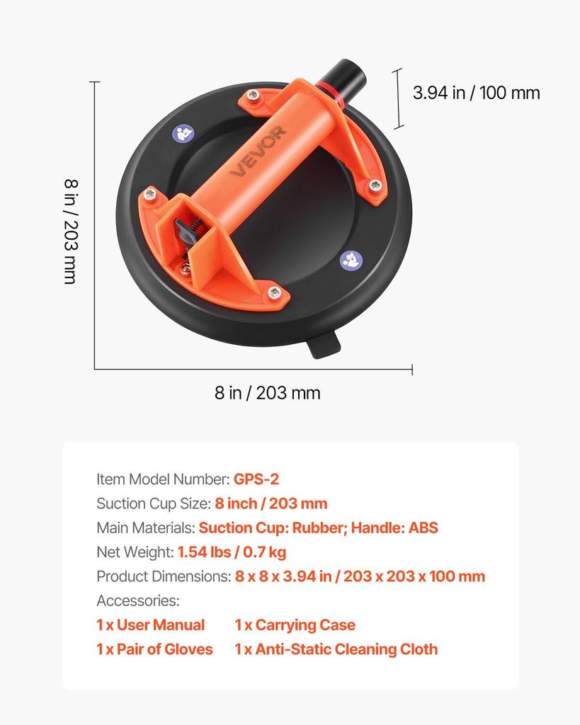 Vacuum Suction Cup, 203 mm Vacuum Glass Lifter with ABS Handle, 180 kg Max Lifting Capacity Tile Suction Cup Tool with Carrying Case for Lifting Large
