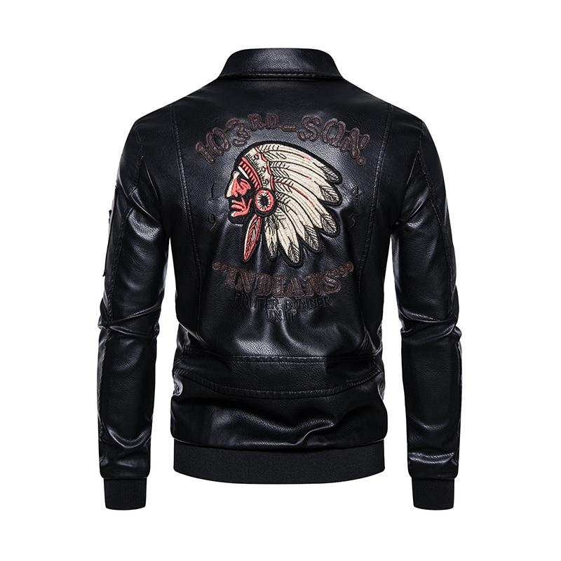 Autumn Winter Embroidered Leather Jacket Men Fleece Pu Leather Waterproof Motorcycle Jacket