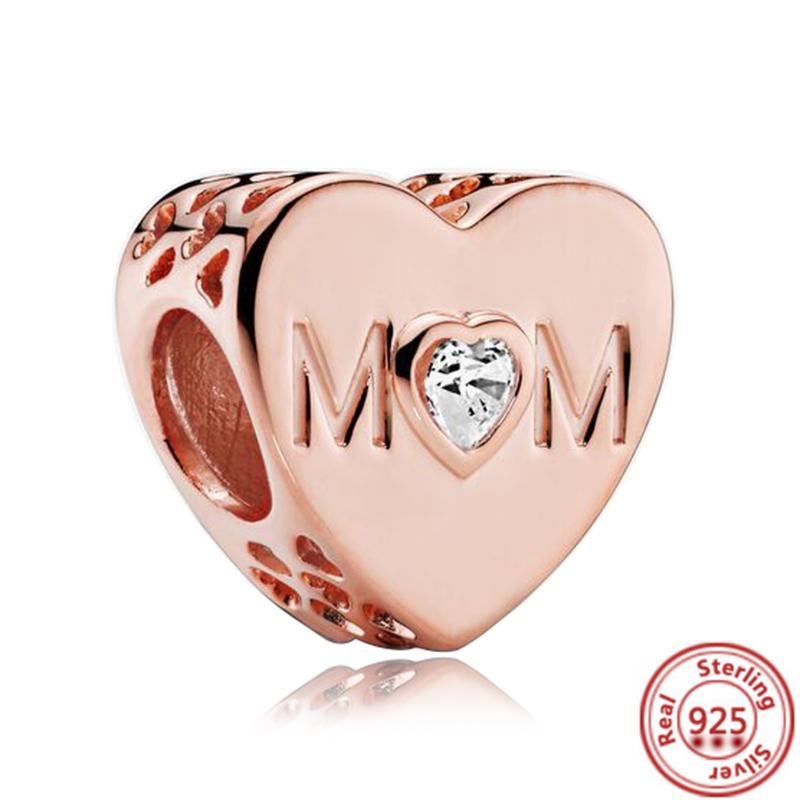 Hot Sale Rose Gold Series Pink Zircon Leaves Heart Pendant Sparkling Clip Bead Fit Charm Bracelet DIY S925 Silver Jewelry