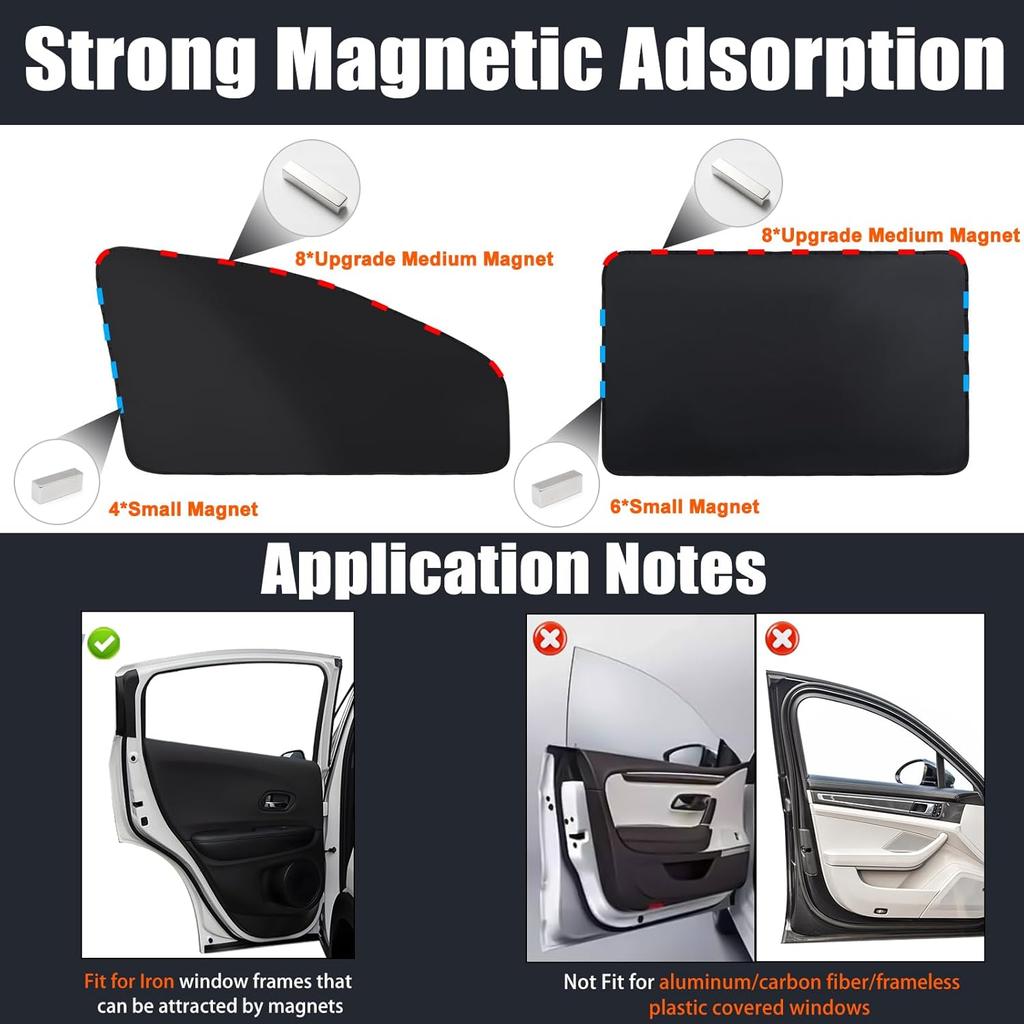 XCBYT Car Window Shades - 4 Pcs Car Privacy Curta - 100% Block Light Car Window Covers - Magnetic Side Window Sun Shade Keeps Cooler For