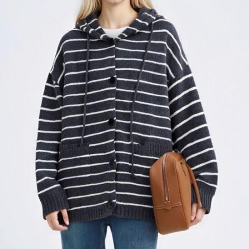 Navava Women Daily Casual Stripe Long Sleeve Hooded Knit Cardigan Nk3331