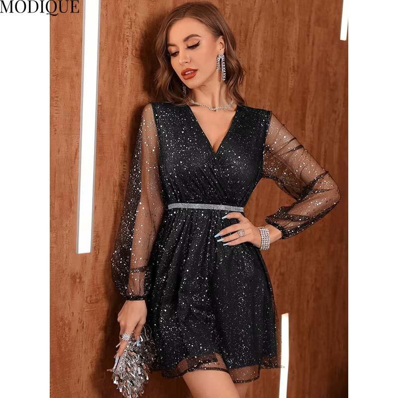 MODIQUE 2025 Summer New Ladies Sexy Elegant A-Line Sequin Mesh Long Sleeve Deep V-Neck Short Dress