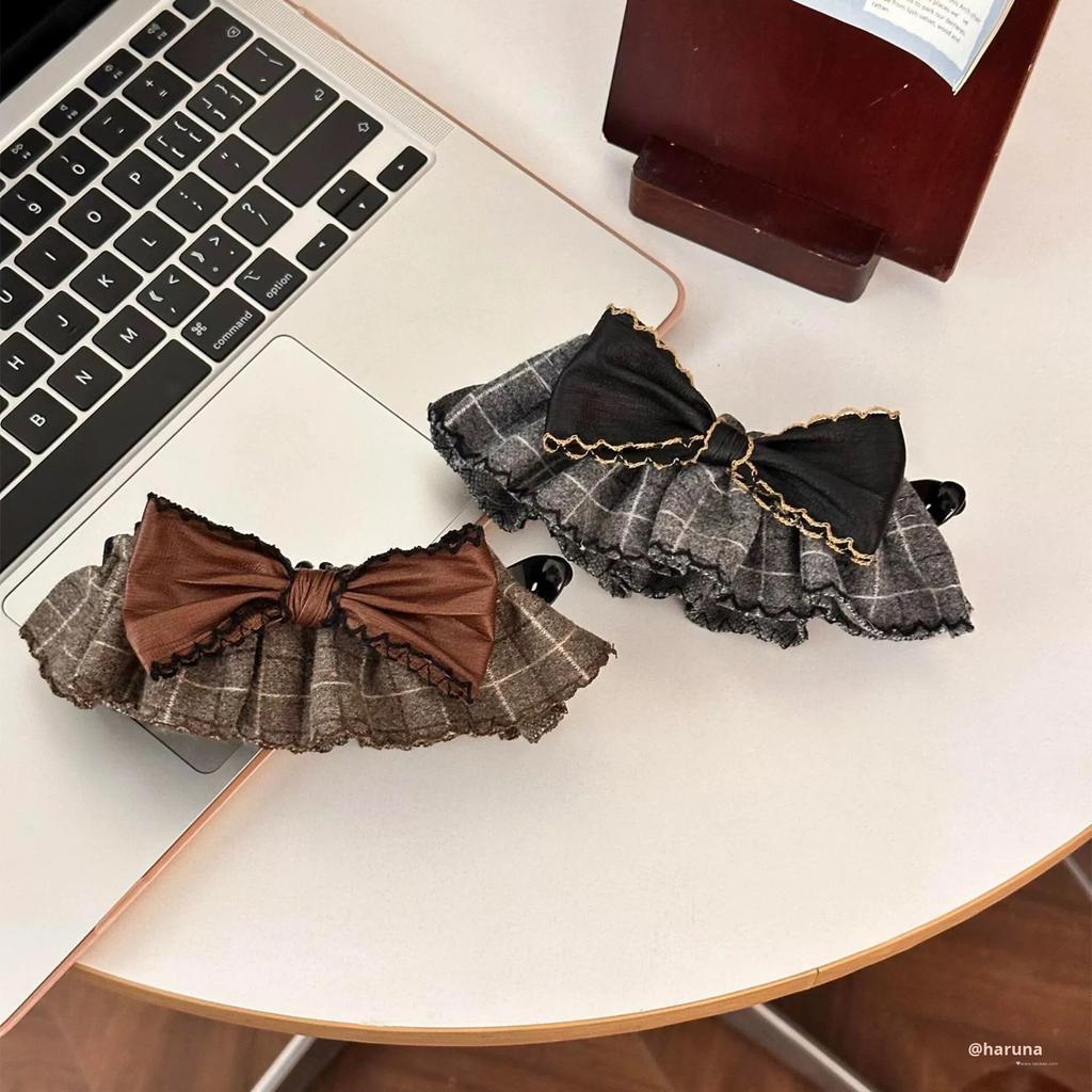 New Vintage Korean Bow Hair Clips for Women Girl Elegant Retro Ladies' Plaid Skirt Hem Bow Hair Clip