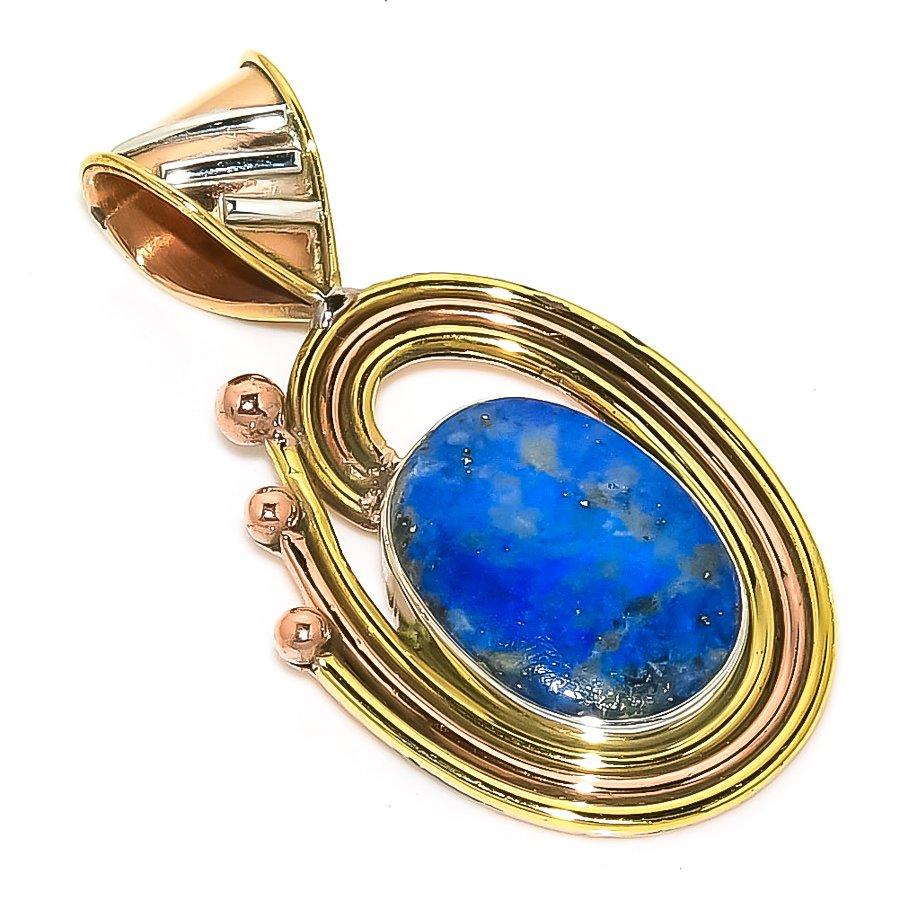 Natural Lapis Lazuli TwoTone 925 Solid Sterling Silver Gift Pendant 1.50" w9L76