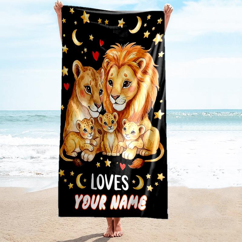 1PC Custom Name Lion Family Night Sky Beach Towel Highly Absorbent And Sand-Resistant Towel for Swimming, Pool, Yoga, And Travel Lightweight