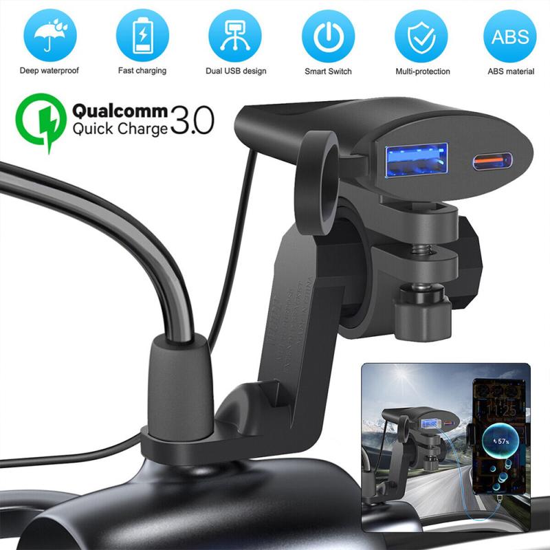 USB-зарядное устройство для мотоцикла, 12 В, 24 В, быстрая зарядка USB A Type-C, двухпортовый водонепроницаемый зажим на руль