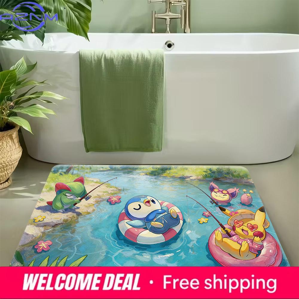 Pokemon Cute Characters River Fishing Print Non-slip Doormat, Soft Absorbent Floor Rug for Home Decor