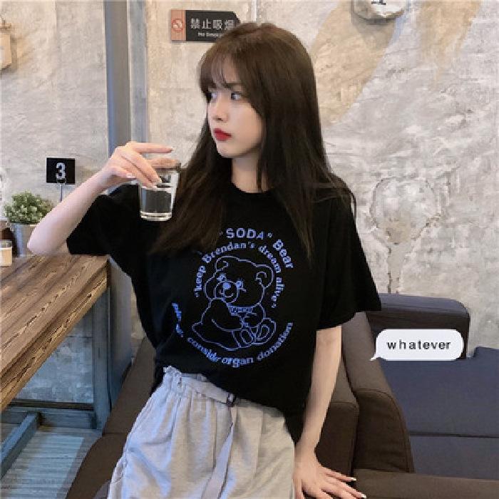 Harajuku printed black short-sleeved t-shirt women's new loose Korean version round neck student Hong Kong style top