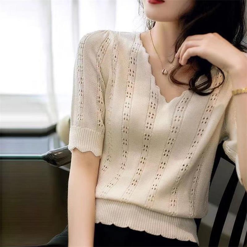 Women's Ice Silk Knitted T-shirt Short Sleeve Summer V-neck Versatile Hollow Knitted Top Thin