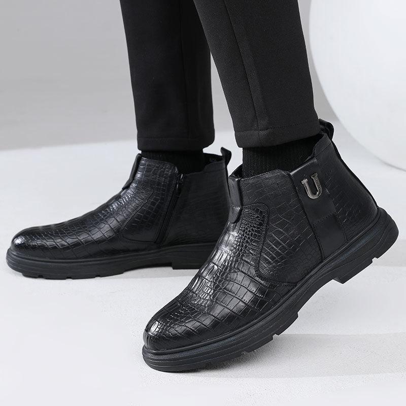 Качественные мужские деловые ботинки из коровьей кожи, осенне-зимние теплые меховые зимние ботинки, мужские ботильоны с крокодиловым узором, мужская обувь