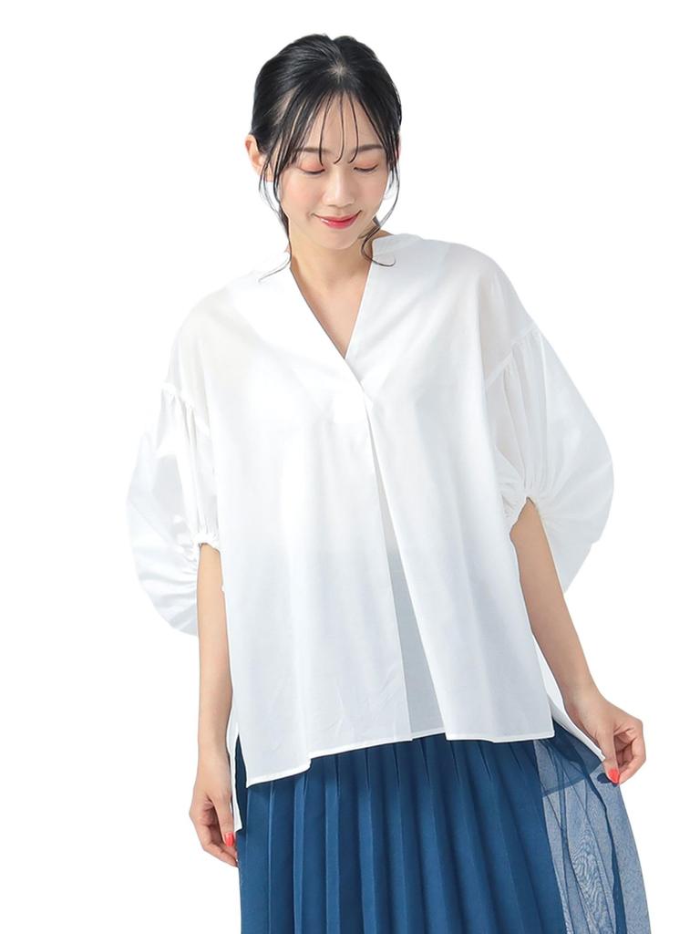 Beams Heart Shirt with Gathered Sleeves and Skipper OFF One Size Women's S/S Top, WHITE,