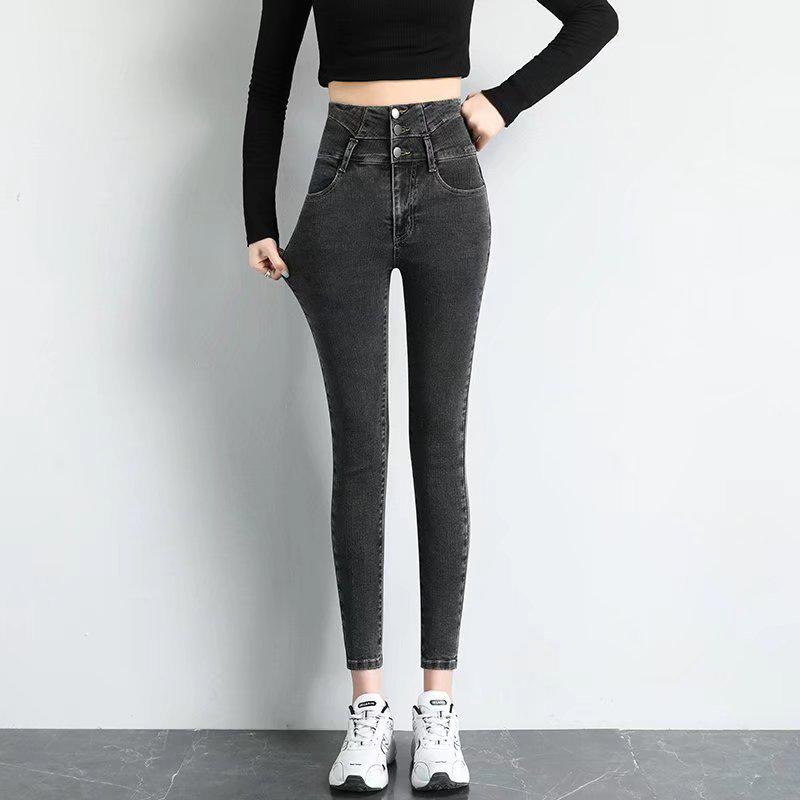 Women's High-Waist Black Jeans with Velvet Lining for Autumn/Winter 2024 - Slim Fit Pencil Pants