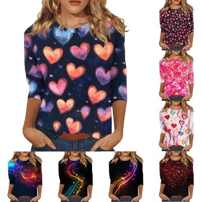 Женская повседневная свободная футболка с круглым вырезом и принтом ко Дню святого Валентина с рукавами три четверти