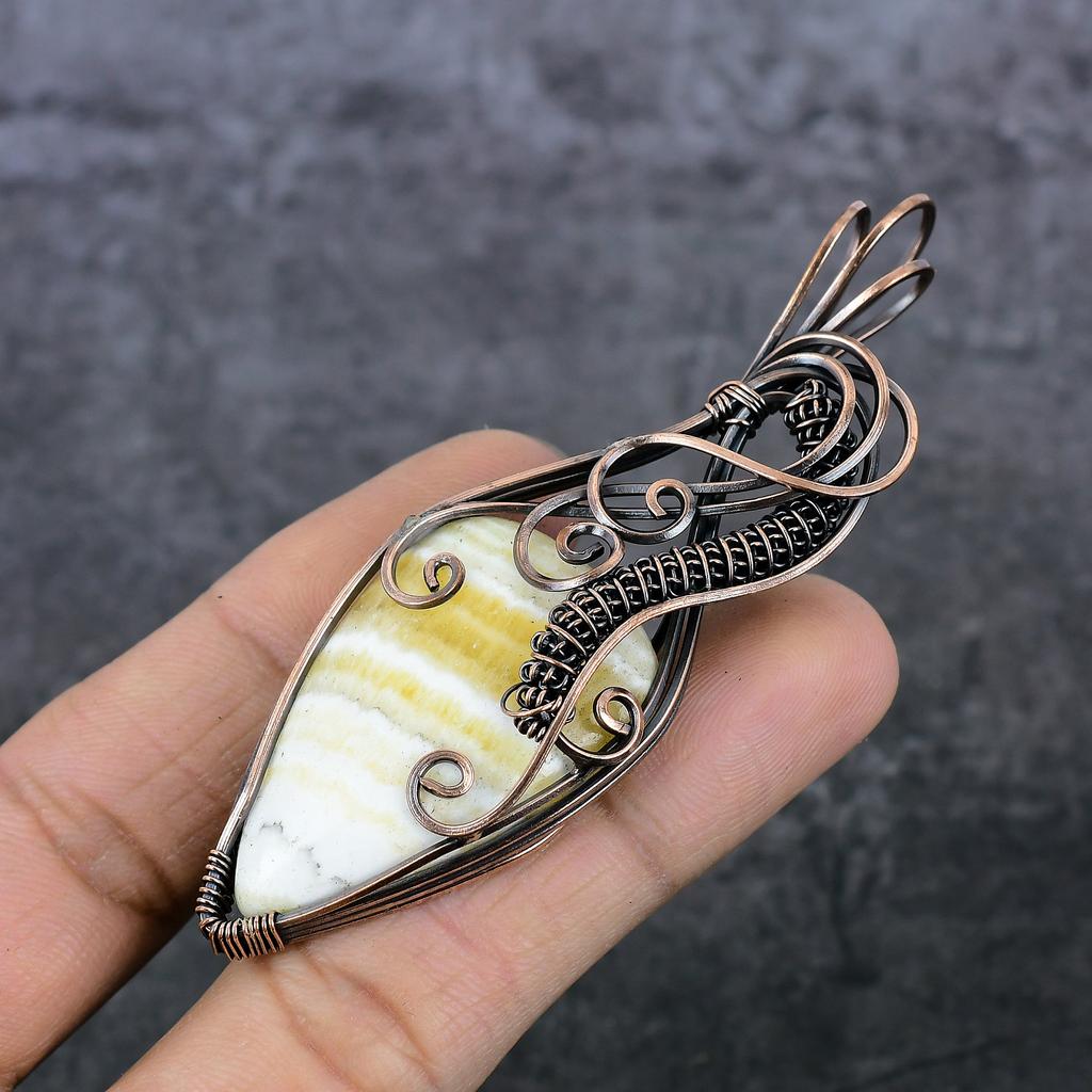Natural Yellow Septarian Copper Wire Wrap Gift Jewelry Pendant 3.55" H1l40