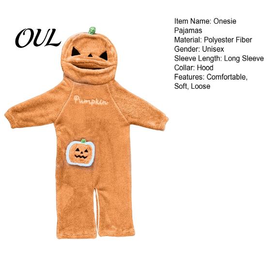 Fluffy Fleece Pajamas Halloween Pumpkin Onesie for Kids, Plush Hooded Holiday Party Sleepwear, Cosplay Costume One Piece Fall Winter