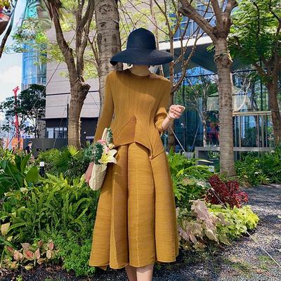 Плиссированный костюм, женские футболки с круглым воротником и семью рукавами + эластичная элегантная юбка в винтажном стиле, однотонная весенне-осенняя одежда