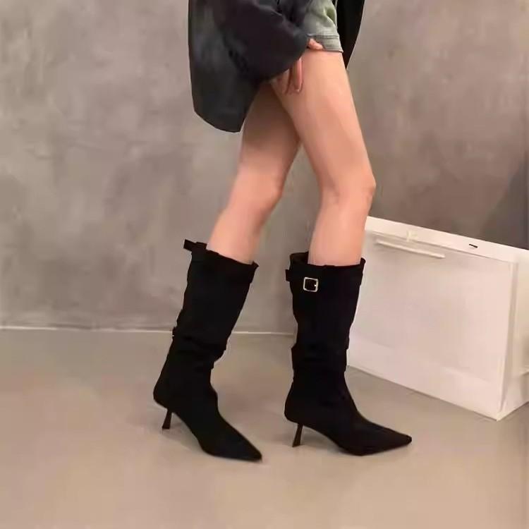 Pointed High Heel Khaki Skinny Boots Women's Shoes Summer Vintage Pile Boots Medium Barrel