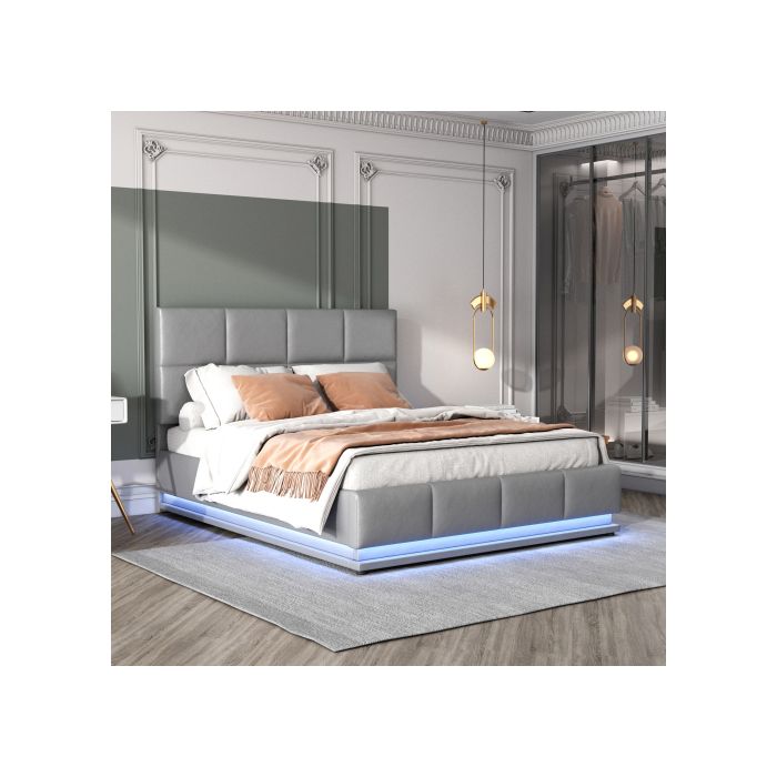 Lit 140x200 cm - MUVOE - Rembourré - Eclairage LED - Rangement hydraulique - Gris