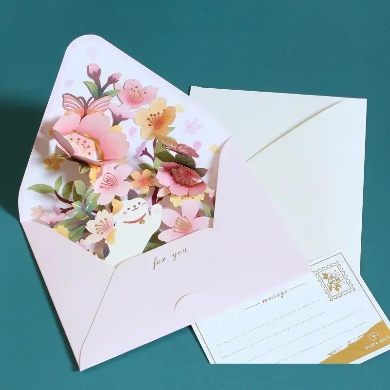 Romantic Flower Birthday Christmas Card 3D Pop-up Greeting Cards Set Postcard Party Wedding Decorations Creative Girl Gifts