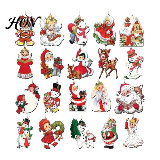 Wooden Hanging Decorations Retro Christmas Ornaments, Xmas Tree Pendants with Rope, Rustic Santa Claus Seasonal Window Porch Decor Snowman and