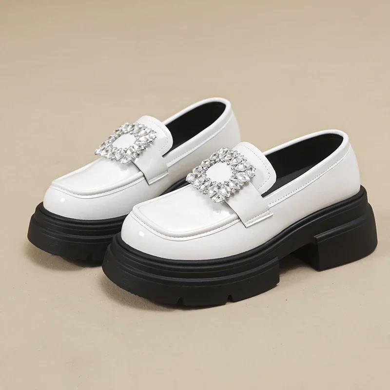 2024 Новые женские туфли-лодочки на толстой подошве, однотонные, со стразами, с квадратной пряжкой, весна-осень, женские туфли без застежек
