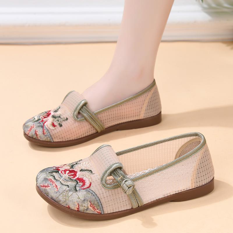 Summer New Middle-aged and Old Mother Shoes Mesh Hollowed Hanfu Embroidered Shoes Soft Sole One Pedal Old Beijing Cloth Shoes Women