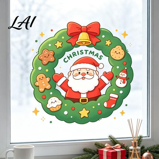 Christmas Window Clings Santa Claus Wreath Cling Cartoon Static Sticker PVC Easy Peel Film Waterproof Glass Decal for Home Holiday Party And