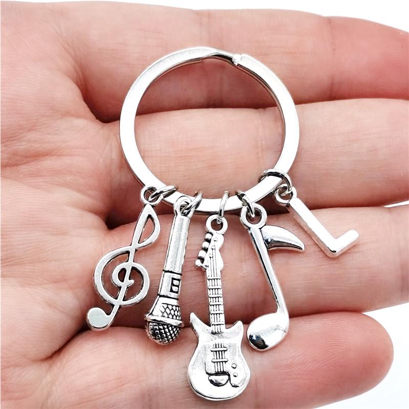 26 Letters Music Keychain Music Note Guitar Pendant Key Chain Microphone Keyring Creative Jewelry Gifts