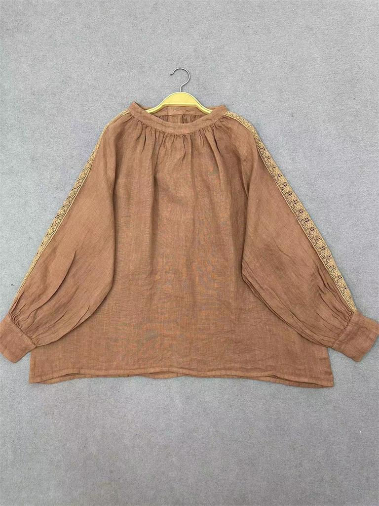 Johnature Японский винтажный круглый вырез лоскутное кружево свитер рубашка женская осень свободные винтажные повседневные рубашки