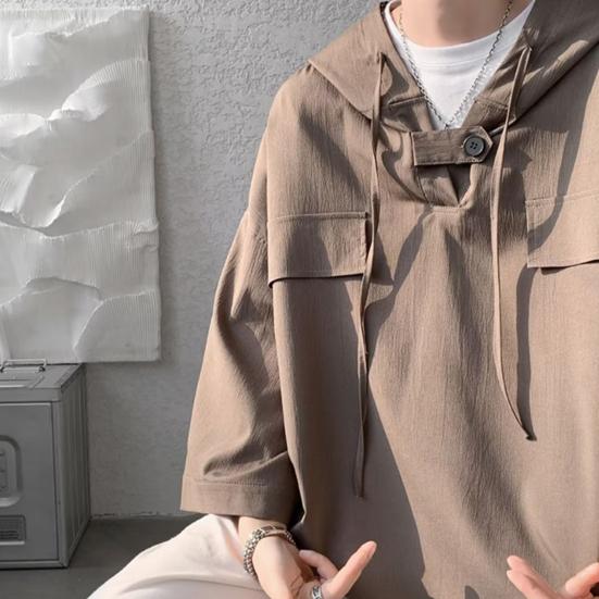 Весенне-летние мужские верхние нагрудные карманы большого размера в стиле хип-хоп, сплошной цвет, с капюшоном, рукава три четверти, тонкая кулиска, мягкая дышащая уличная рубашка, толстовка