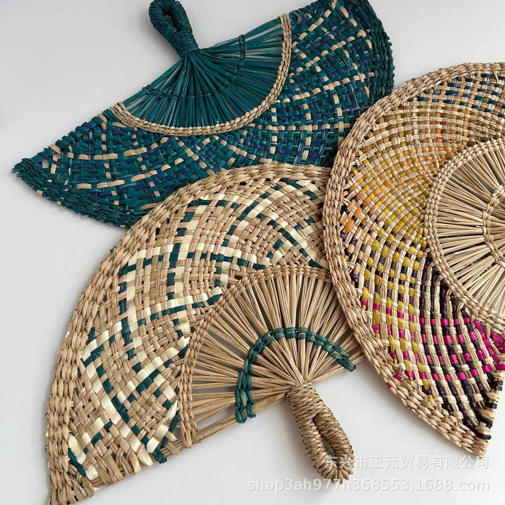 Straw fan, handmade seaweed fan, wall hanging fan, color decorative fan, summer hand crank fan, futon fan
