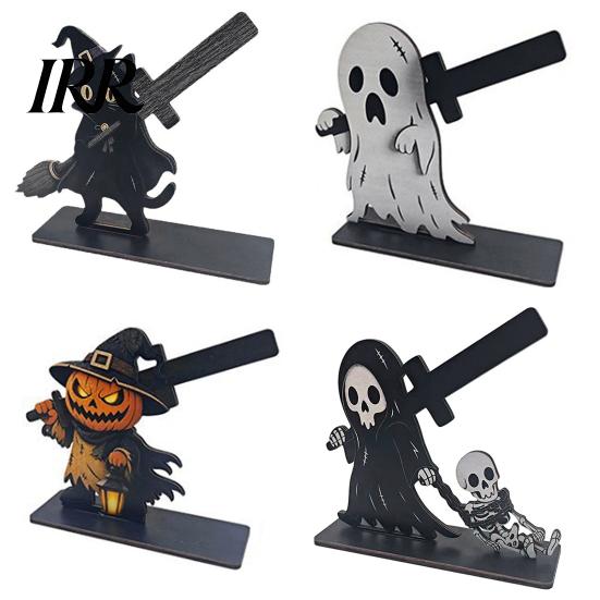Festive Table Decor Halloween Sign, Spooky Ghost Grim Reaper Black Cat Pumpkin Scarecrow Realistic Patterns Wooden Tabletop Centerpiece for