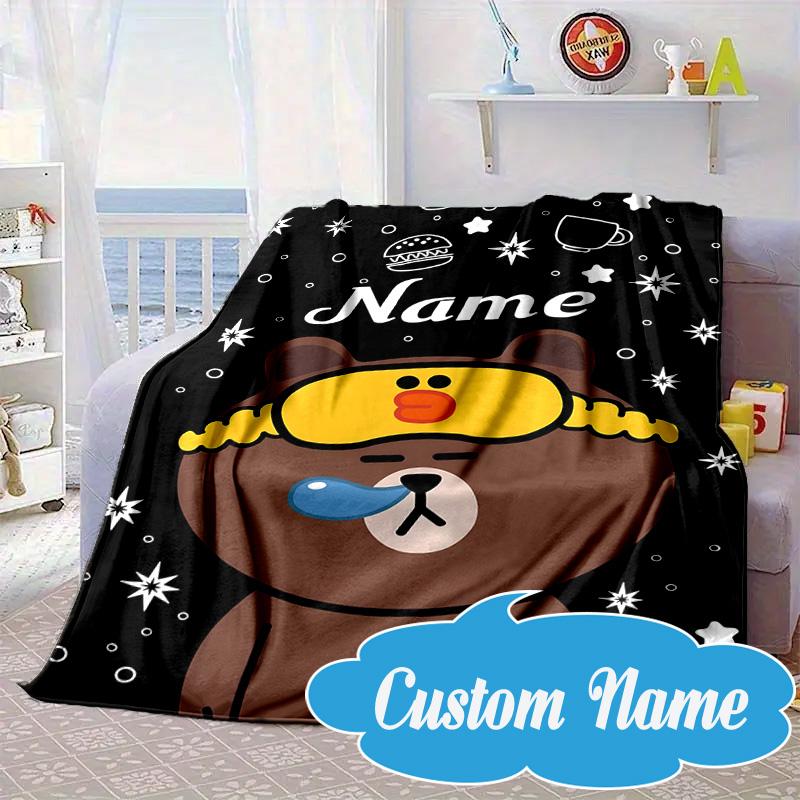 Custom Name Cute Cartoon Brown Bear Blanket bed sofa Blanket Flannel Blanket for Camping, Hiking, Picnic Essentials,gift for Fan family