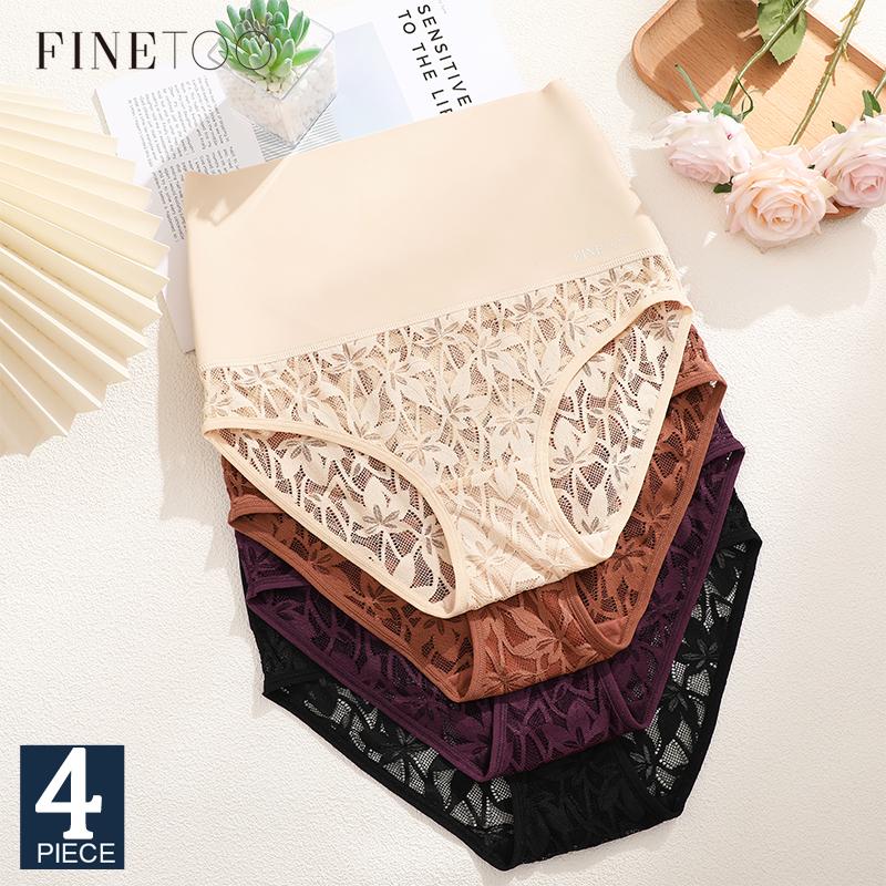 FINETOO 4Pcs Bodyshaper High Waist Lace Panties Women Underwear Soft Crotch Briefs Hollow Out Intimates Lingerie Ice Silk Briefs