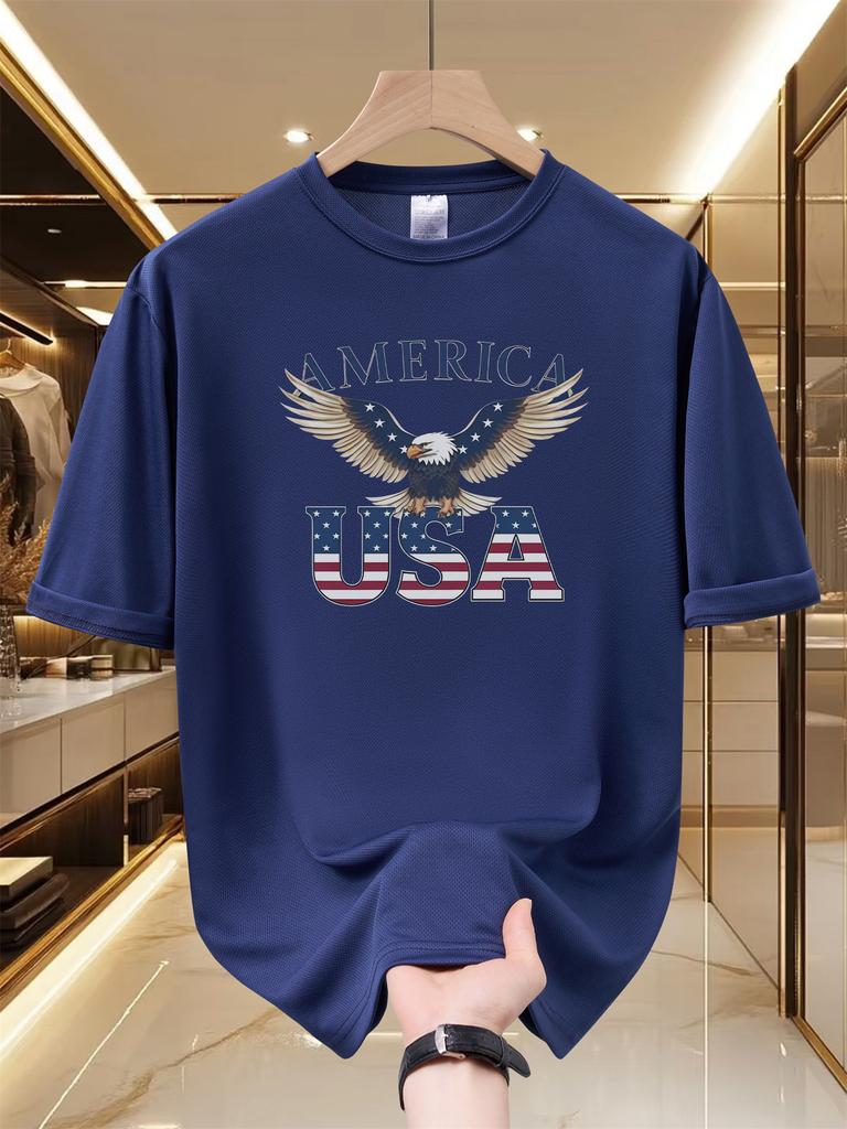 Унисекс Быстросохнущая Сетчатая Футболка с Коротким Рукавом Орел США Американский Флаг Принт с Буквами Круглый Вырез Дышащая Летняя Повседневная Футболка