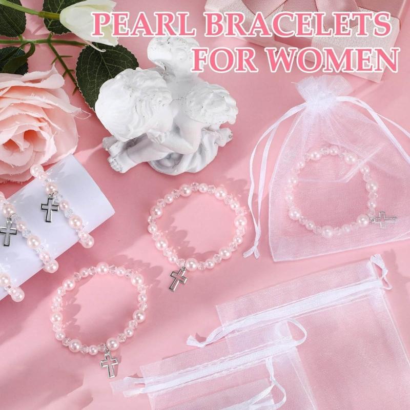 12PCS Delicate Hollow Crucifix Pearls Beads Bracelets Accessories Religious Celebration Gift Set For Guests Event
