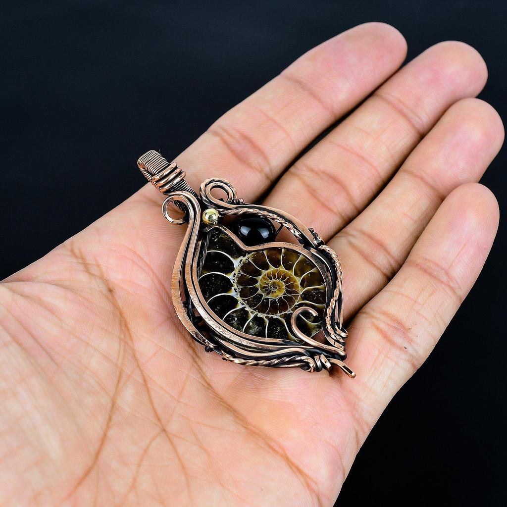 Ammonite Fossil & Black Onyx 999 Copper Wire Wrapped Pendant, Handmade Gemstone Jewelry Pendant For Memorial Day