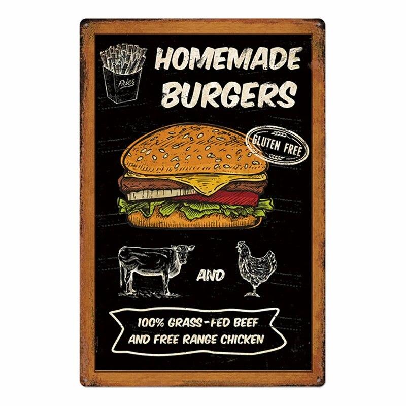 Hamburger Metal Tin Sign Plaque Vintage Burgers and Fries Metal Plate Poster Kitchen Restaurant Shop Wall Decor