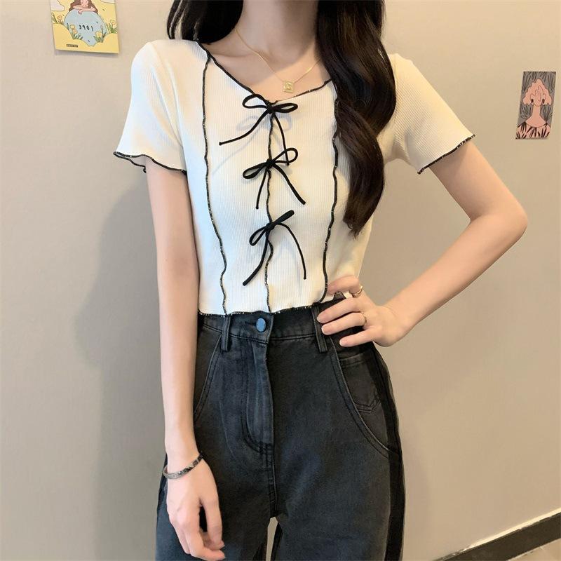 Футболка с короткими рукавами Bow Tie Wave Edge Color Collision, женская летняя, тонкая, с короткими секциями, маленькая рубашка, топы, повседневные, основные, облегающие, пуловеры, футболки