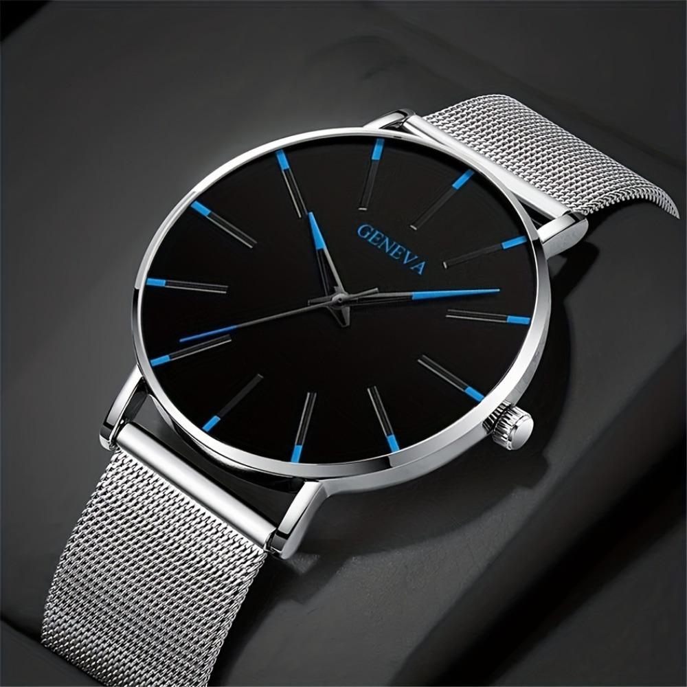 3pcs/set, Fashion Men's Business Casual Mesh Strap Quartz Watch & Bracelet Necklace Set, Ideal Choice for Gifts