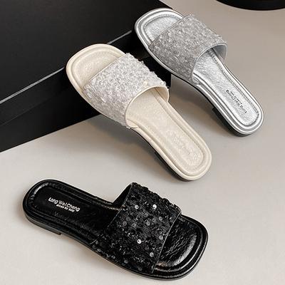 Мода 2025 Блестящие туфли с пайетками Женские шлепанцы Летние серебристые тапочки Слипоны Слайды Женские босоножки с открытым носком Сандалии Женские Тапочки