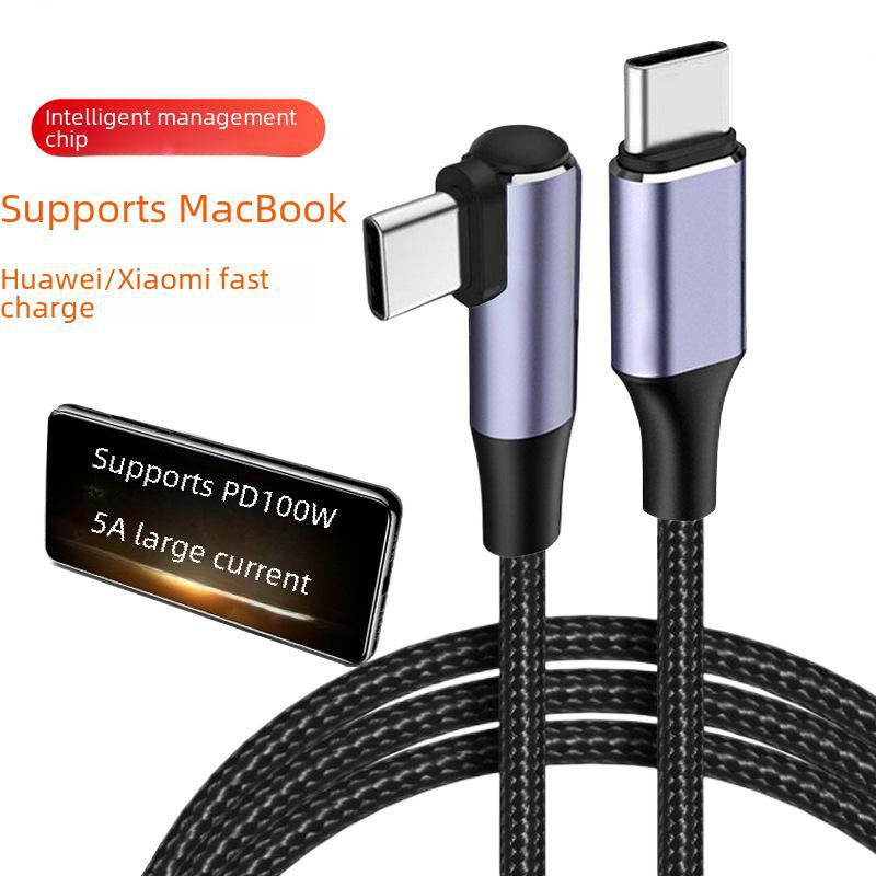 PD USB-C to USB-C Fast Charging Cable, 60W/100W, Single Elbow, Male to Male, 3A/5A