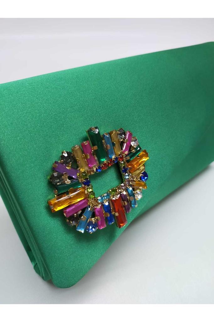 Women's Stylish and Useful Evening Dress Bag Shiny Saks Blue Satin Colored Stone Evening Bag