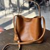 Genuine Leather Simple Bucket Shoulder Bags Vintage Large Capacity Cowhide Solid Color Women Handbag