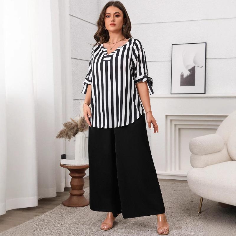 Plus Size Women's New Fashion Loose Casual Striped Top Wide Leg Trouser Suit