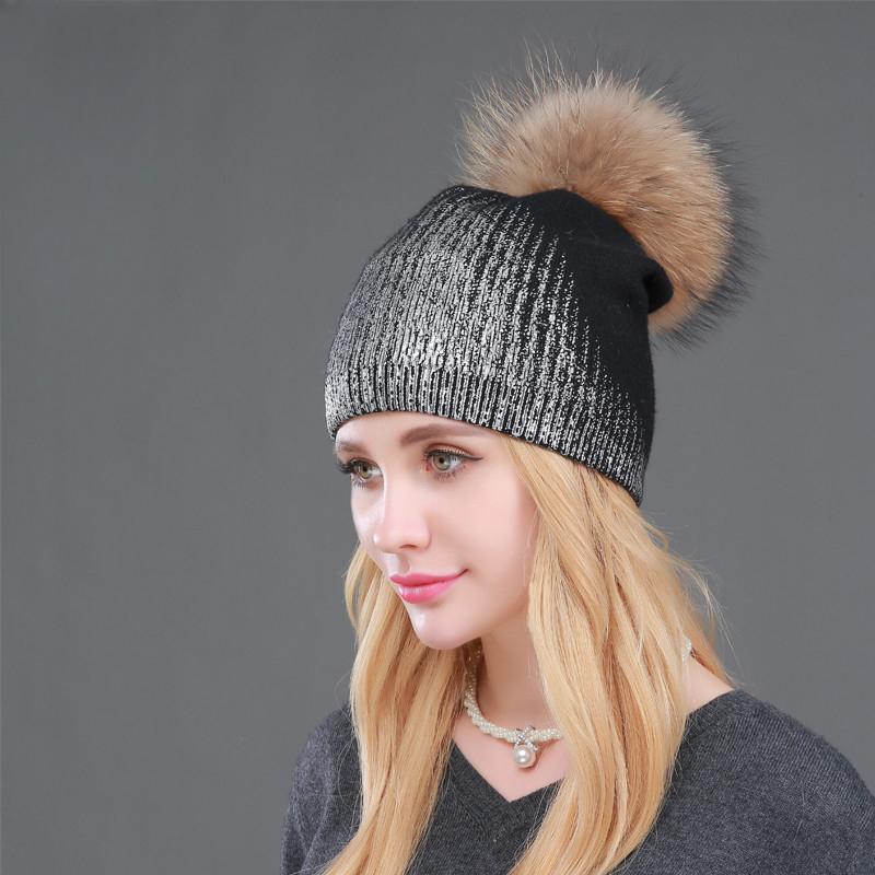 2024 New Winter Beanies Ladies Knitted Wool Warm Hats Fashion Pom Pom Real Raccoon Fur Caps Skullies Hat For Women Print Fur Cap