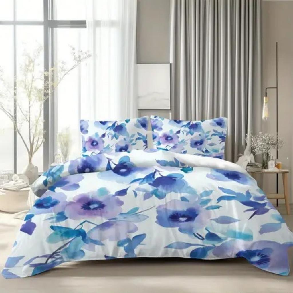 Пододеяльник с узором из фиолетовых цветов в стиле легкой роскоши, размер Queen King, 3D-печать, мягкое и удобное постельное белье, комплект из 3 предметов